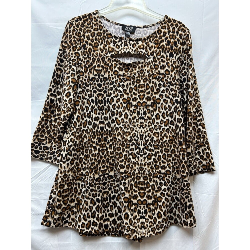 JSP Woman 1X Leopard Print Tunic Top Keyhole 3/4 Bell Sleeve Plus Size